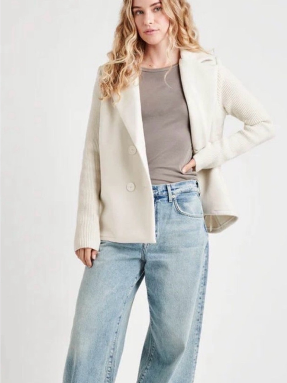 Splendid Double-Breasted Knit Mixed Media Singrid Blazer in Winter White
